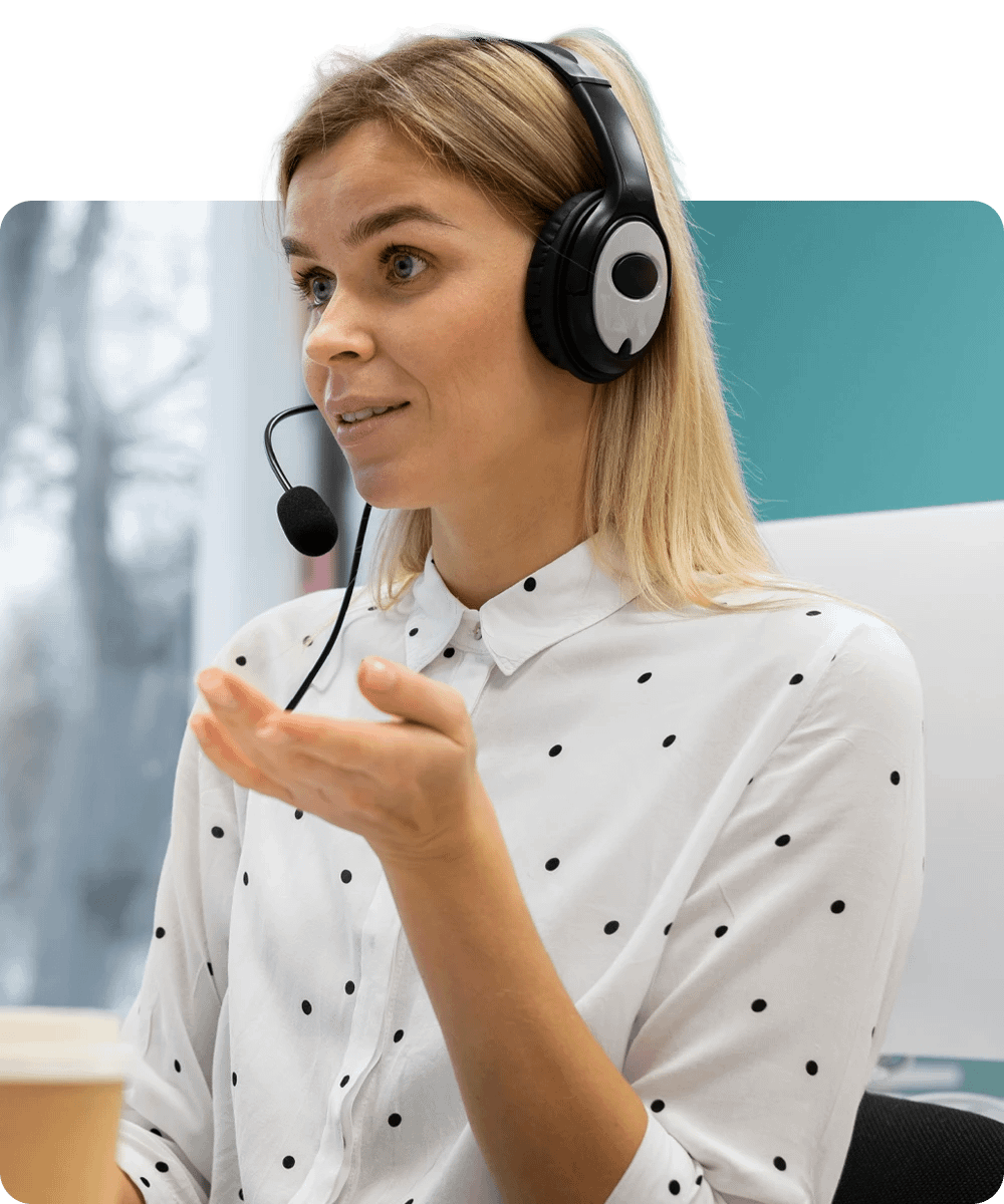 Customer support representative talking on headset