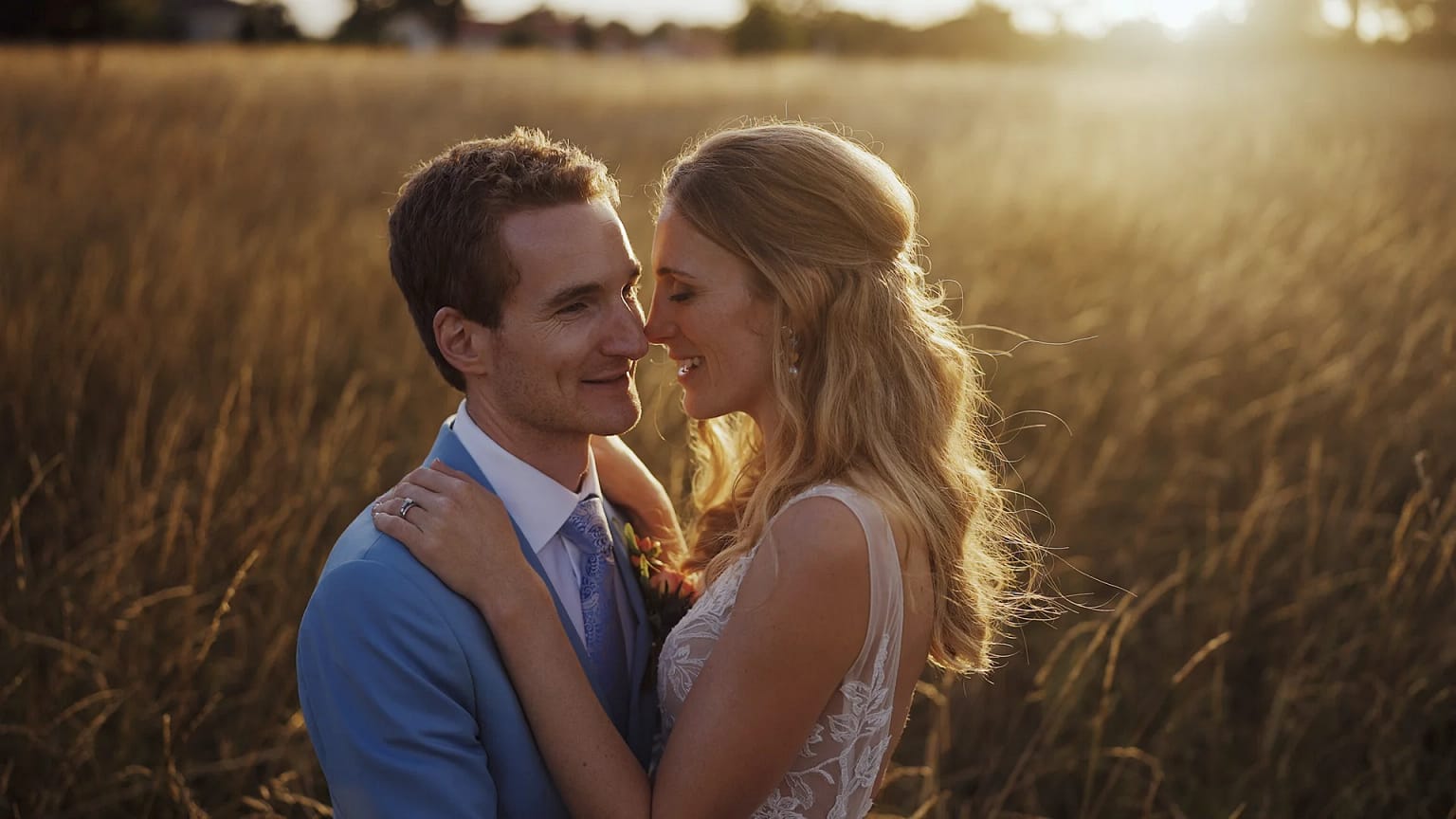 Couple embracing in a golden field at sunset.