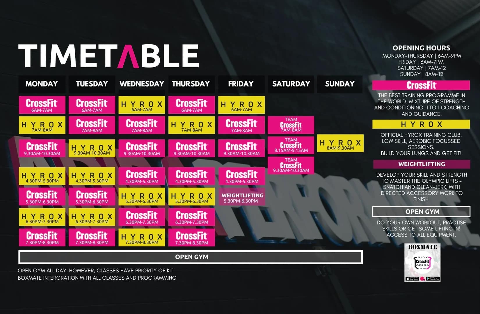 Weekly fitness class schedule including CrossFit and HYROX.