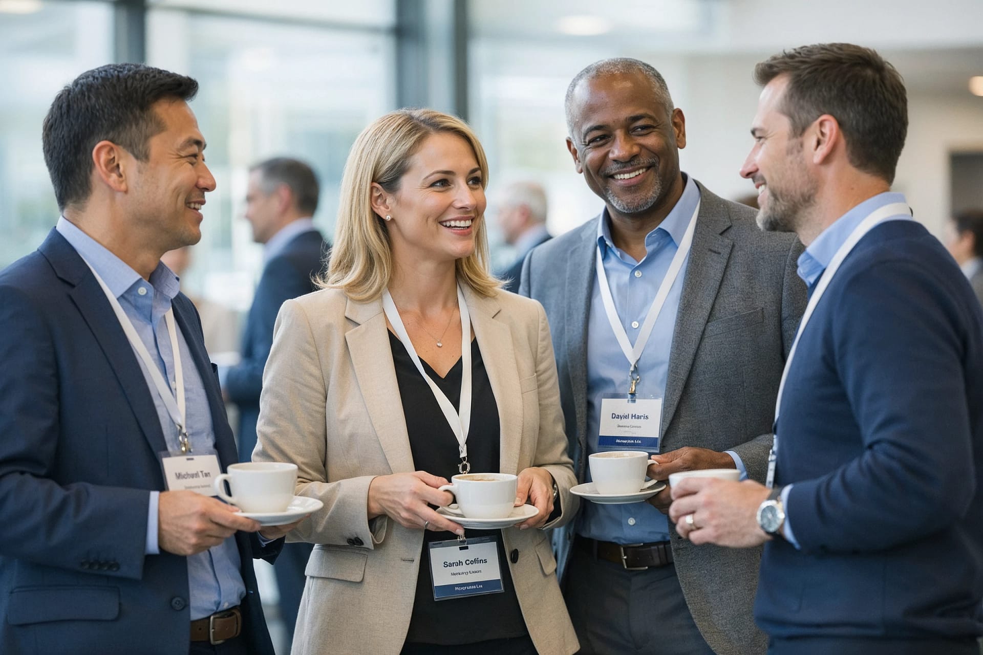 Professionals networking and talking over coffee