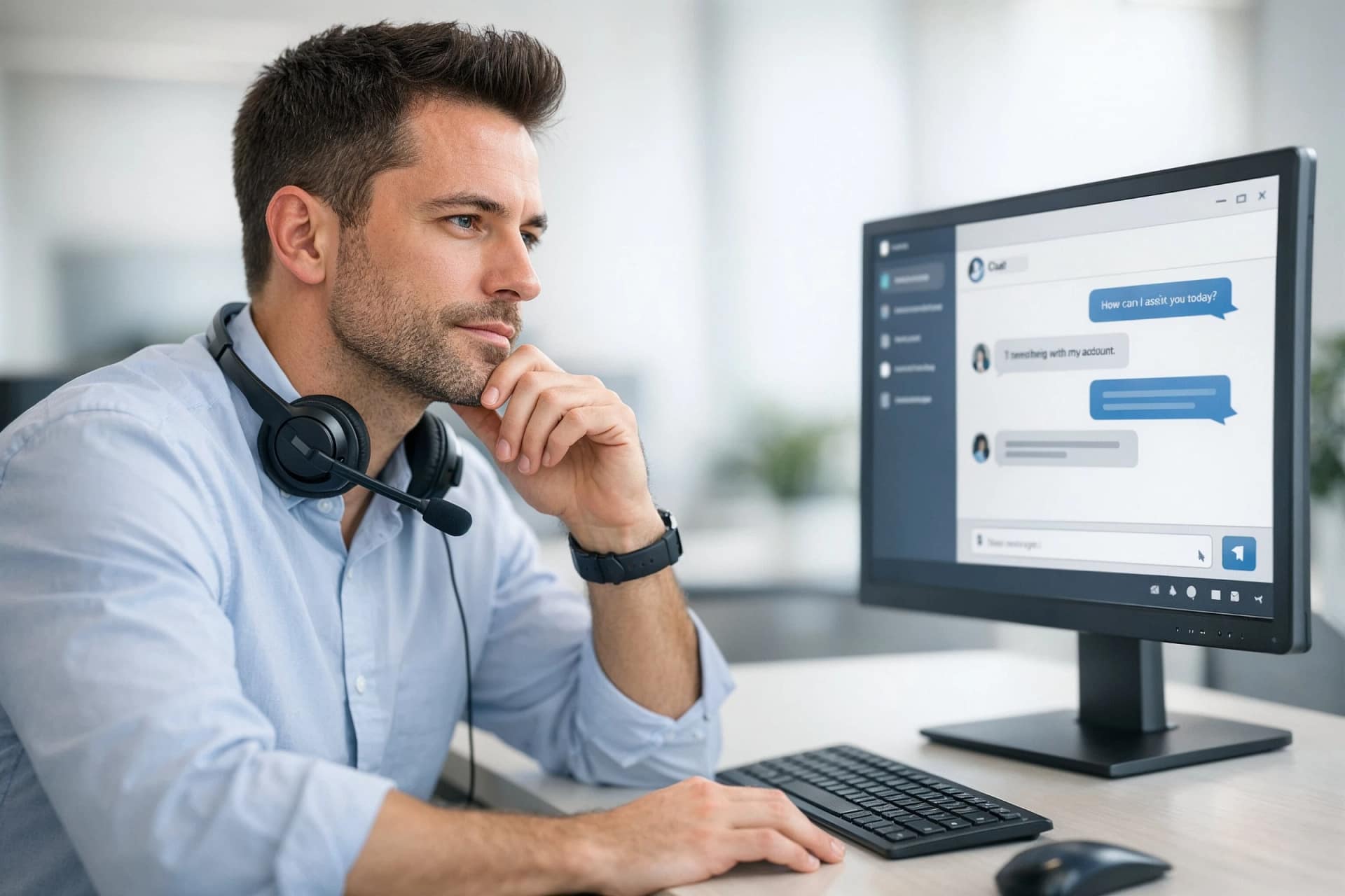 Customer support agent chatting online at computer