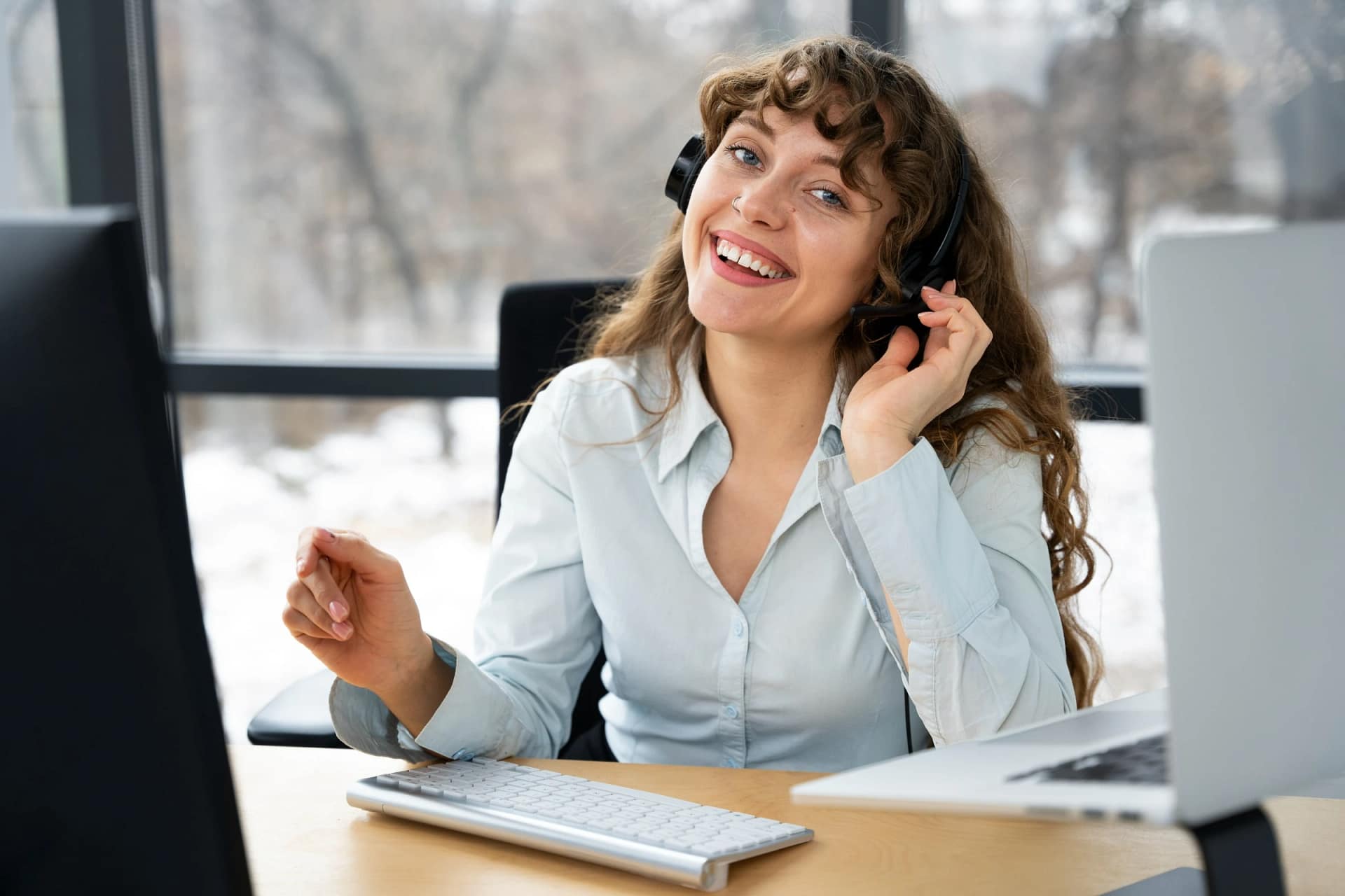 Smiling customer service representative with headset