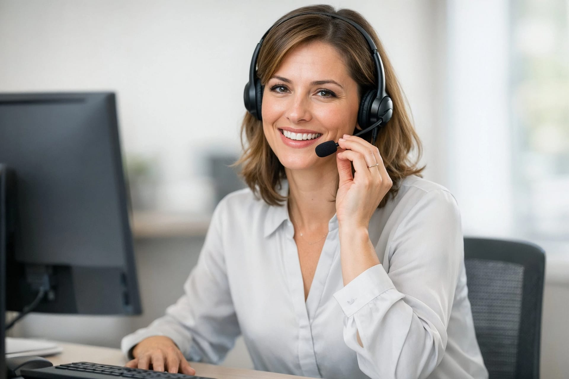 Smiling customer service agent wearing headset
