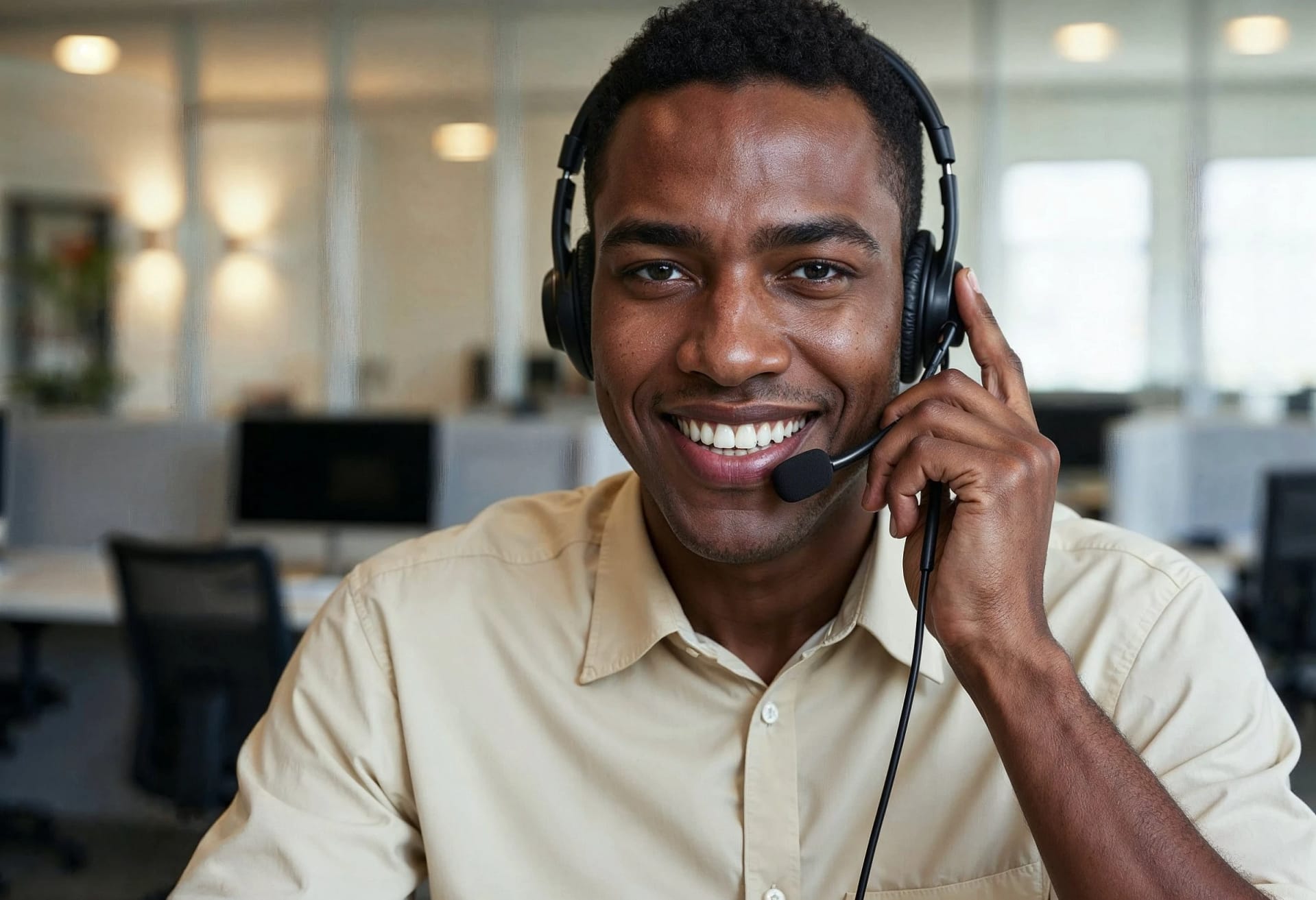 Smiling customer service agent wearing headset