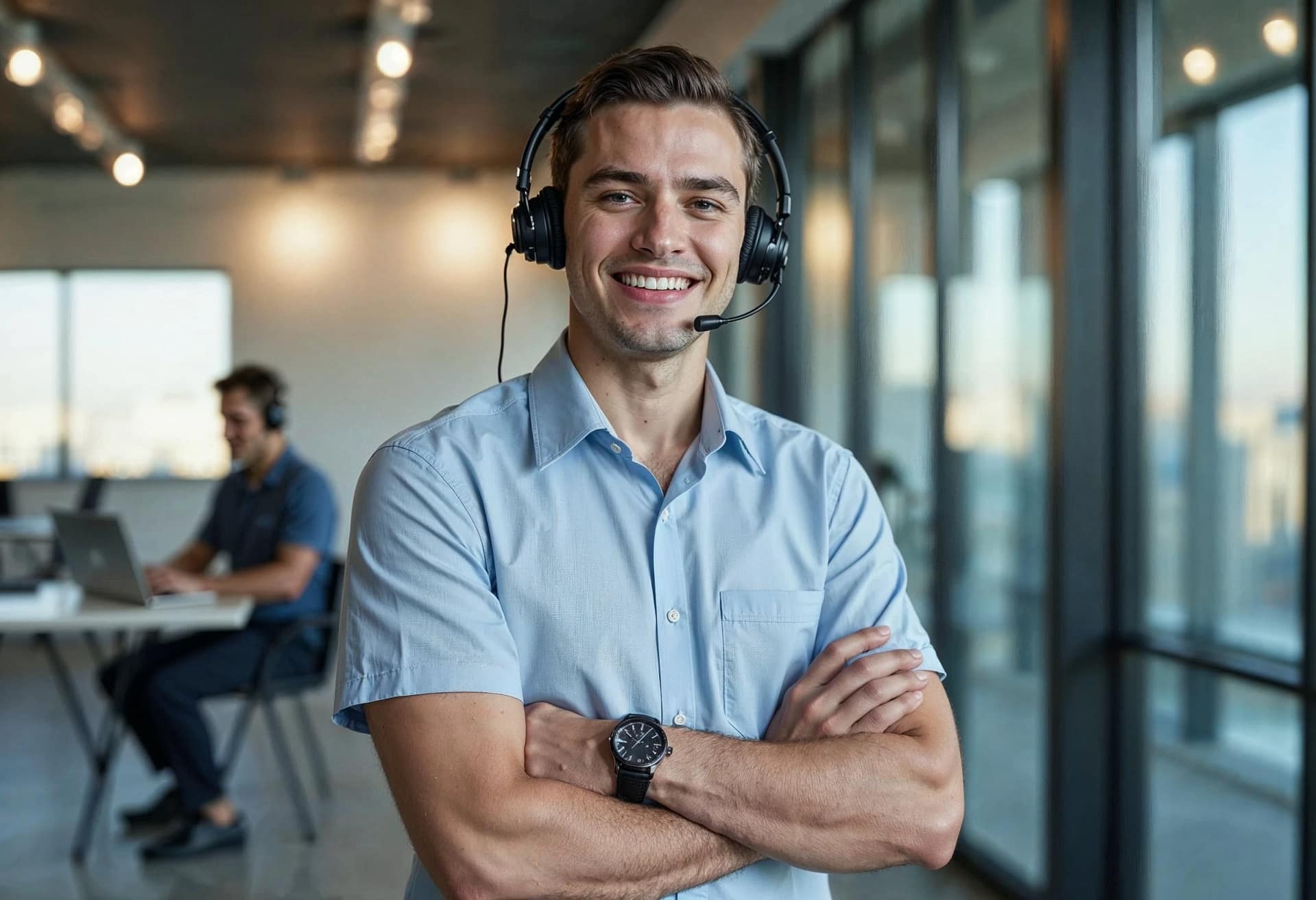 Smiling call center agent wearing headset in office