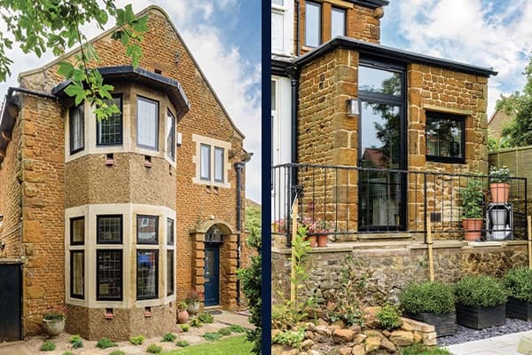 Photograph of the front and rear of the house with aluminium windows and doors