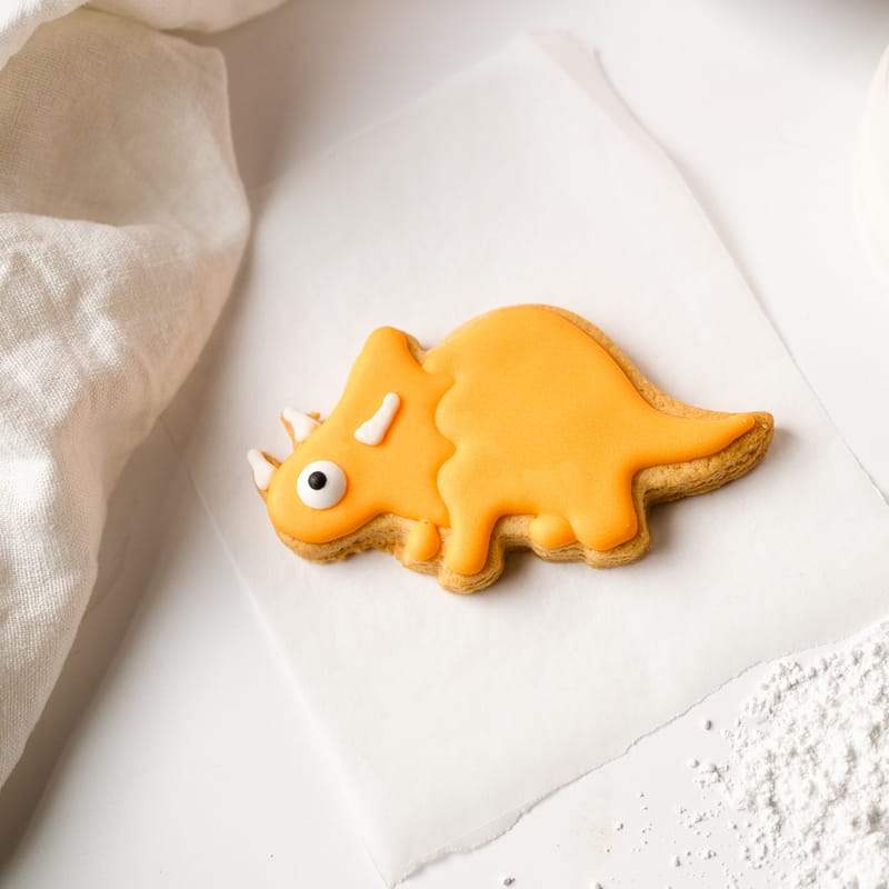 Orange dinosaur-shaped cookie on white background.