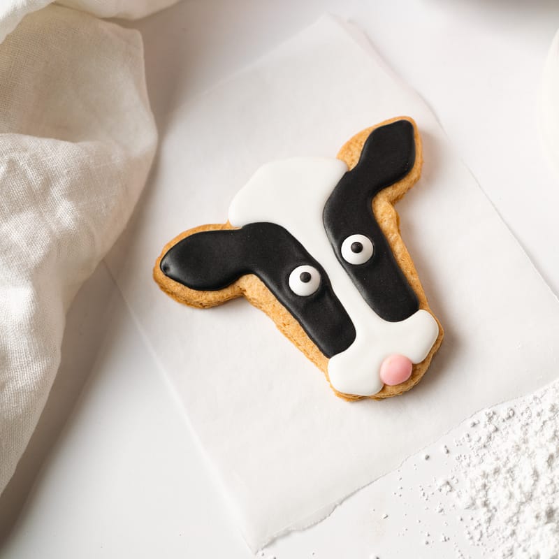 Cow-shaped biscuit with icing decoration.