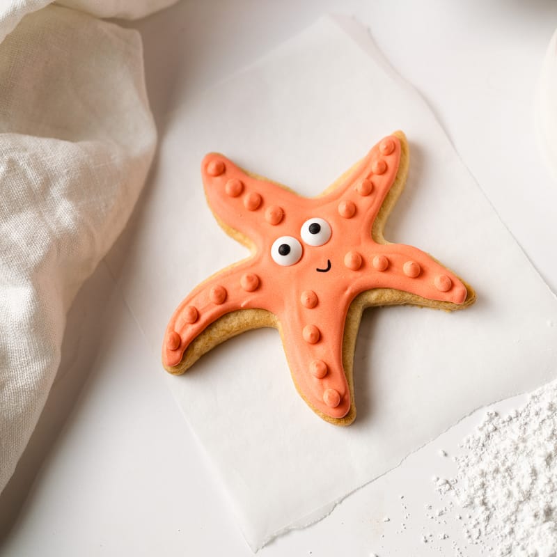 Smiling starfish-shaped biscuit with orange icing.