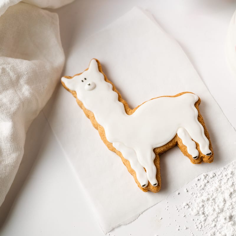 Iced llama-shaped biscuit on parchment paper.