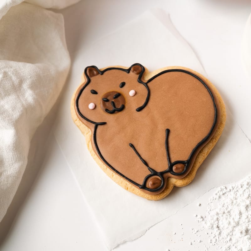 Adorable animal-shaped iced biscuit on paper.